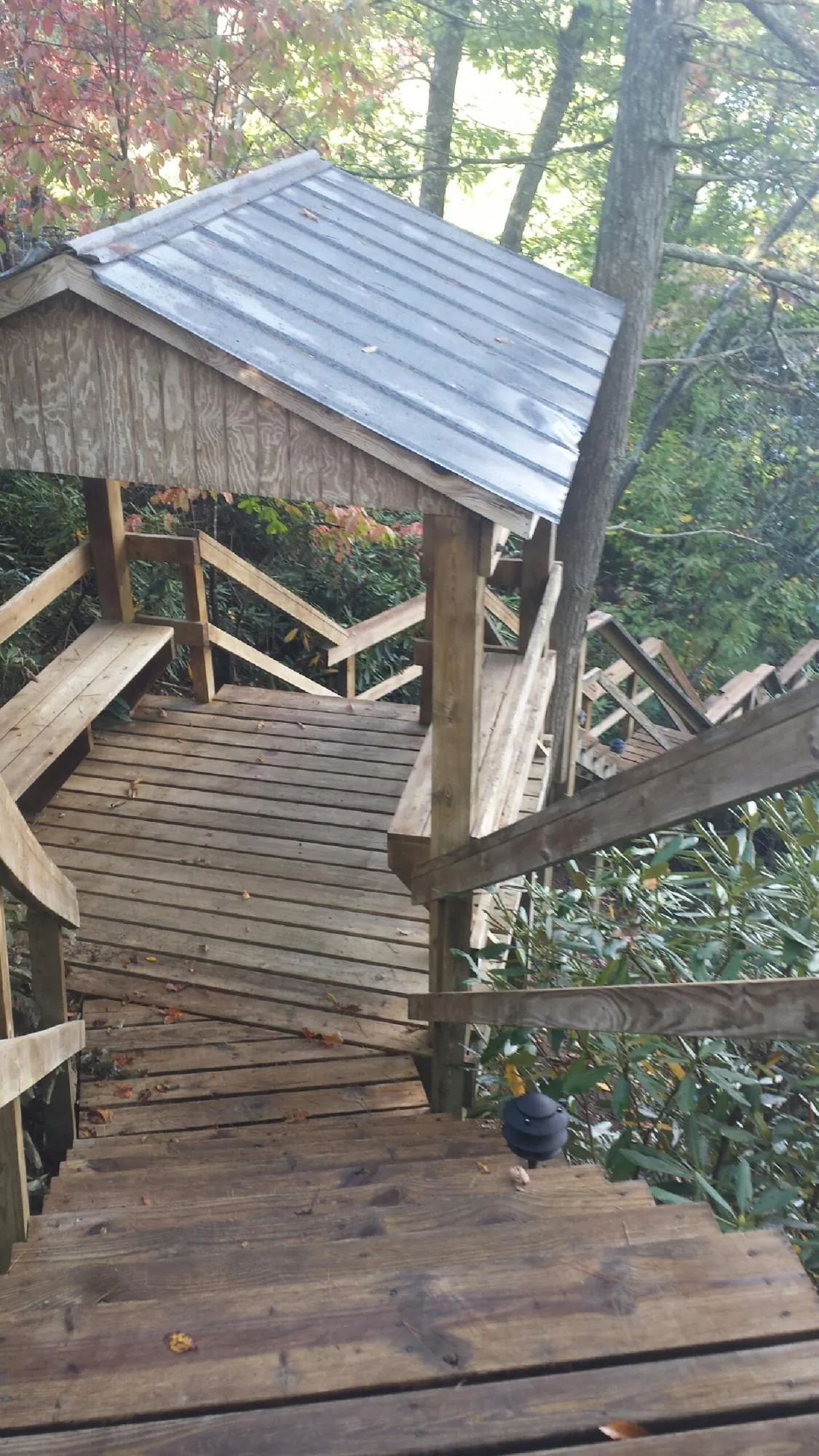 Metal roofed shelter over wooden steps on a wooded walkway — Skylight Repair & Installation work by our crew in Wilkesville